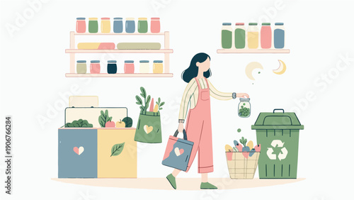 Eco-Conscious Woman Shopping at Zero Waste Store with Reusable Jars and Bags