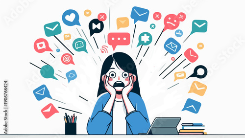 Overwhelmed Woman Stressed by Constant Social Media Notifications and Emails