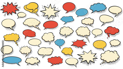 Colorful cartoon speech bubbles in various shapes and sizes on a white background with a comic book style.