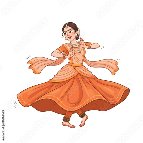 Kathak dancer in spinning pose, flowing costume, vector caricature