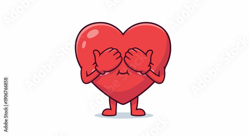A cartoon red heart character covering its face with its hands on a white background with a playful mood.