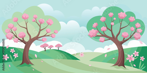 Two magnificent cherry blossom trees stand prominently in a vibrant green spring landscape filled with blooming flowers.
