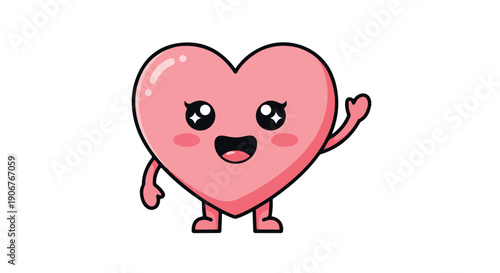 A cheerful pink heart character with a smiling face and rosy cheeks stands on a white background with one arm raised.