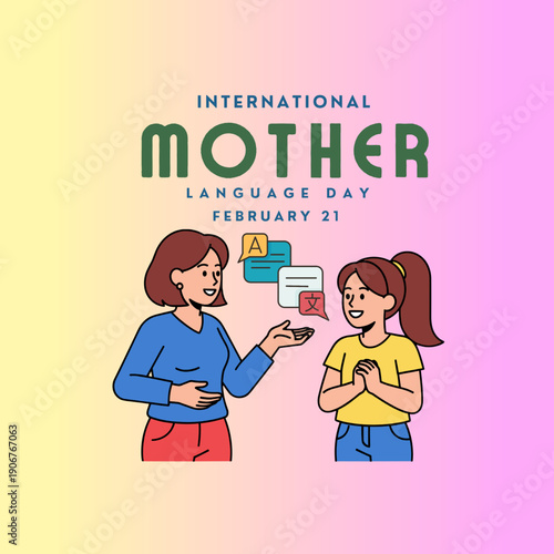 International Mother Language Day. 21st February Language Day post shows diverse group of people representing different cultures along with greetings in various languages like Hello, Bonjour and Ciao