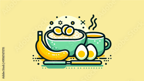 Healthy Breakfast Still Life with Oatmeal Bowl, Eggs, and Fresh Banana