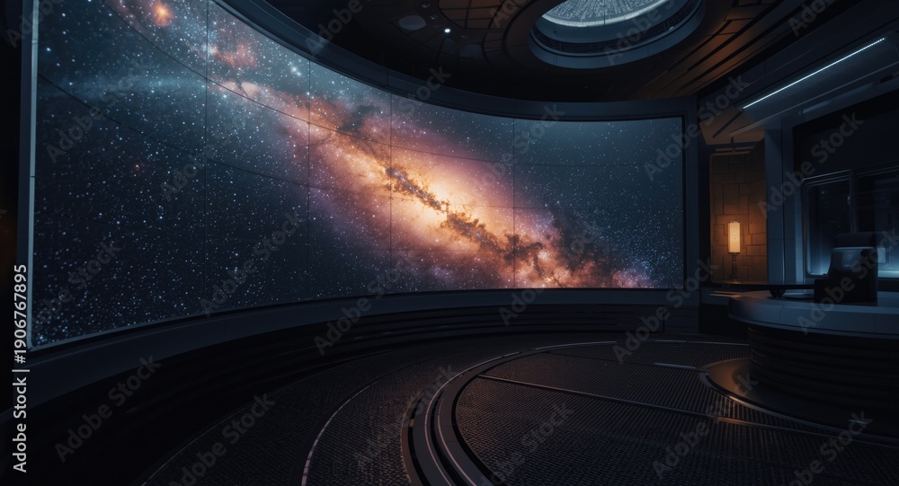 Obraz premium Inside futuristic command center with glowing nebula and stars