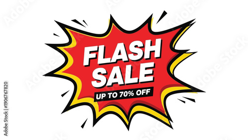 Graphic design of a red flash sale badge with white text on a white background, featuring a comic book-style burst with yellow and black accents.
