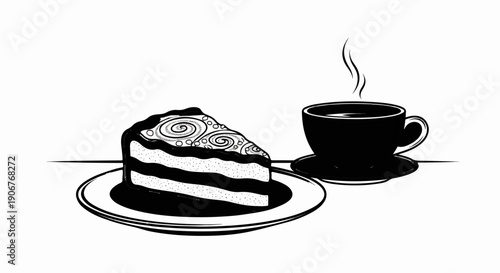 Black and white drawing of a slice of layered cake with swirls and a steaming cup of coffee