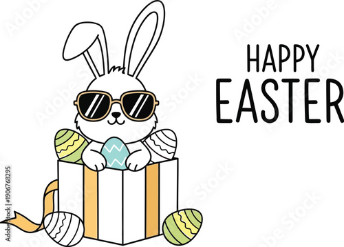 Cool cartoon white bunny wearing sunglasses popping out of a gift box filled with colorful decorated easter eggs wishing everyone a happy holiday