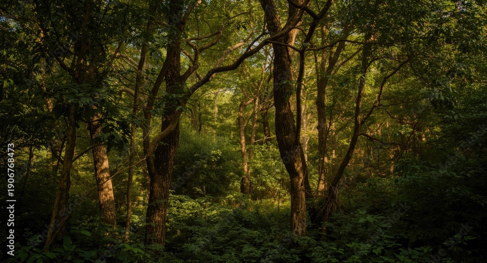 Fototapeta premium Halcyon dense tree-filled view showing rich forest growth and quiet mood