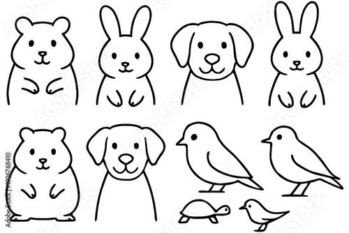 set of funny animals,
Line-Drawn Domestic Pets – Dog, Bird, Rabbit, Hamster Illustration Set
