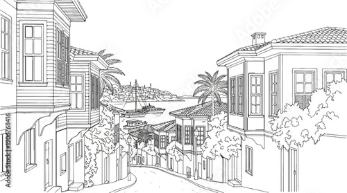Artistic sketch of a winding street lined with historic buildings toward a coastal town