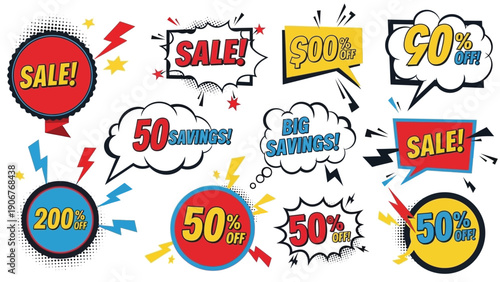 Collection of colorful sale and discount speech bubbles with various percentages on a white background.