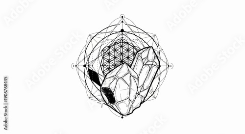 Black and white geometric abstract with crystal cluster and sacred geometry