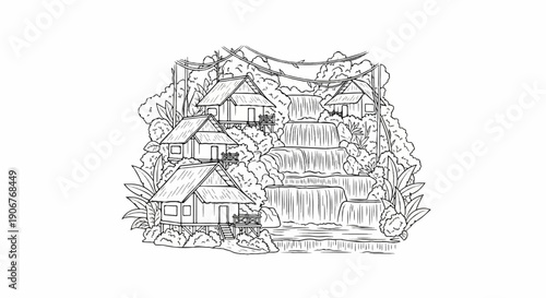 Artistic sketch of secluded bungalows nestled amidst lush foliage and a cascading waterfall