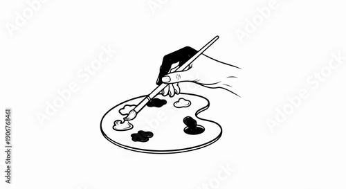 Artist's hand holding brush, applying paint to palette