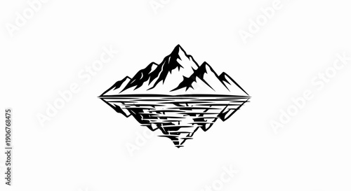 Black and white graphic of a sharp mountain range reflected in water