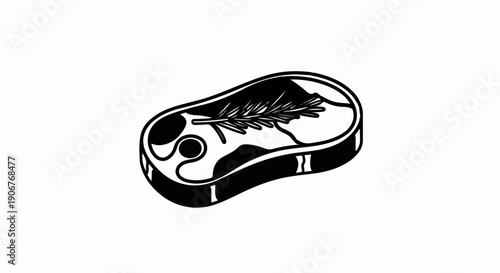 Black and white graphic of a raw steak with a sprig of rosemary