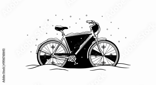 Black and white illustration of a bicycle in snow with snowflakes