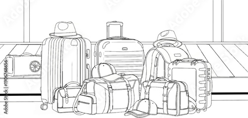 Assorted luggage, bags, and hats arranged on a conveyor belt, in outline