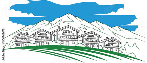 Alpine village houses nestled beneath snowy mountains under a bright blue sky