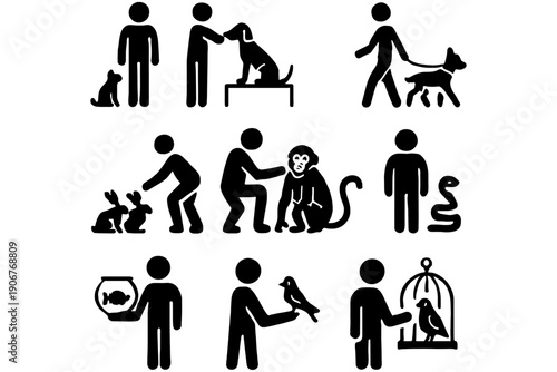 People and Domestic Animals Pictogram Set – Pet Interaction Icons
