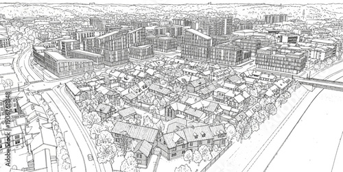 An aerial sketch depicts a dense cityscape with varied buildings and a river