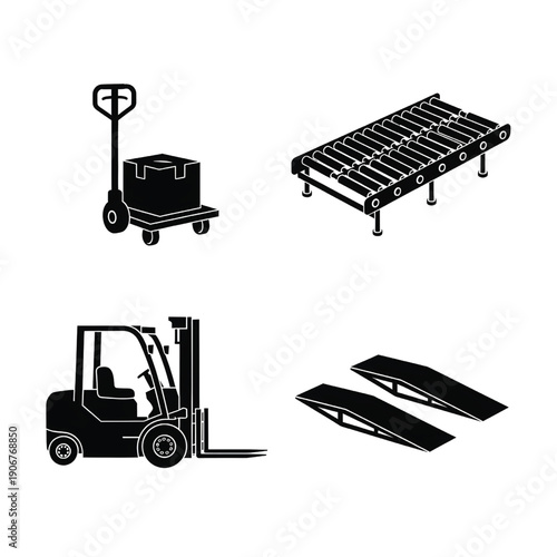 Warehouse equipment icons including pallet jack, shelving, forklift, and pallet displayed on a clean white background from a straightforward viewpoint.