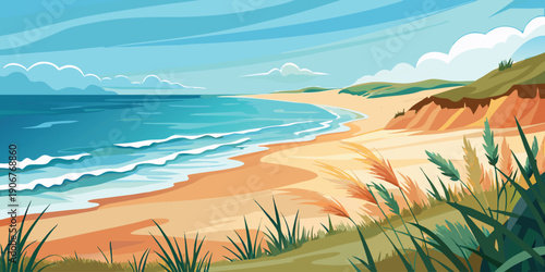 A wide, sandy beach stretches along the vibrant blue ocean under a clear sky with gentle waves.
