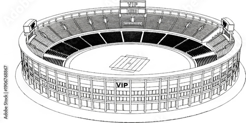 An aerial view sketch of a stadium with tiered seating, a playing field, and VIP sections