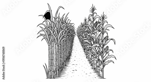 An agricultural pathway between rows of sugarcane and corn stalks