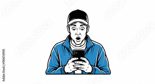 Astonished man in a blue jacket and cap gazes at phone