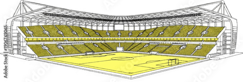 An architectural illustration of a large, empty, modern stadium with green seating and a yellow field