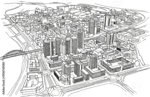 Aerial view sketch of a dense urban cityscape with tall buildings and a bridge