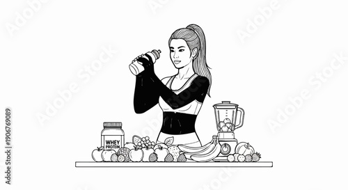 Athletic woman drinks from bottle near blender, protein, and fresh fruits