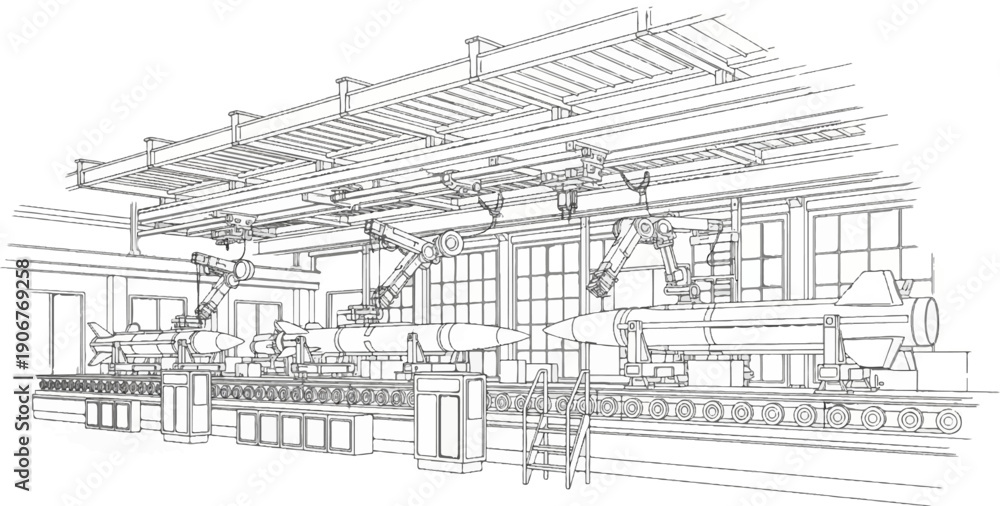 Fototapeta premium Automated robotic arms assemble missiles on a production line