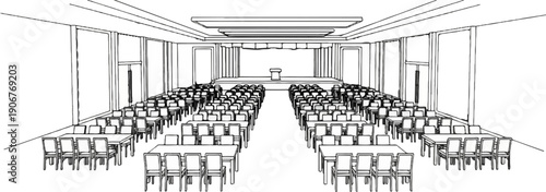 Auditorium seating arrangement with a stage, podium, and tables