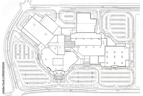 Aerial view of a large retail complex with extensive parking lots