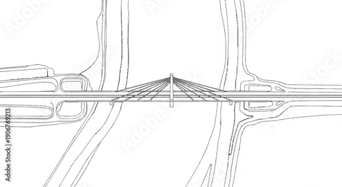 Aerial sketch of a modern cable-stayed bridge with connecting roadways