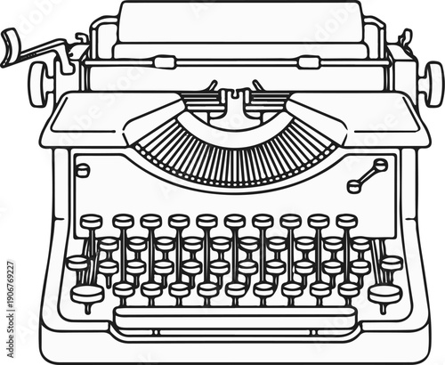 An artistic line drawing of a classic, vintage portable typewriter