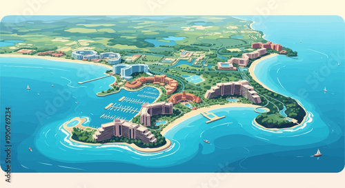 Aerial view of a coastal resort with hotels, marina, and water activities