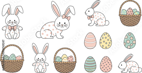 Adorable collection of charming white bunnies holding baskets and decorated pastel eggs perfect for celebrating the spring holiday season