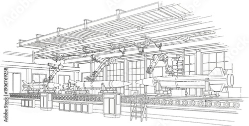Automated robotic arms assemble missiles on a production line