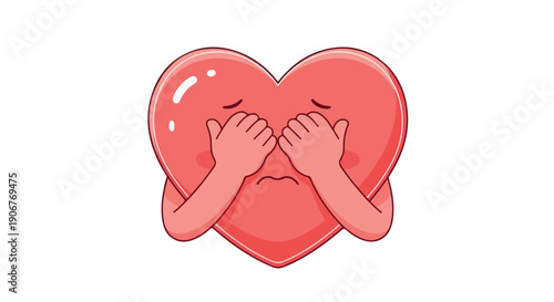 A cartoon heart with hands covering its face on a white background, conveying a playful and emotional mood with a flat design style.