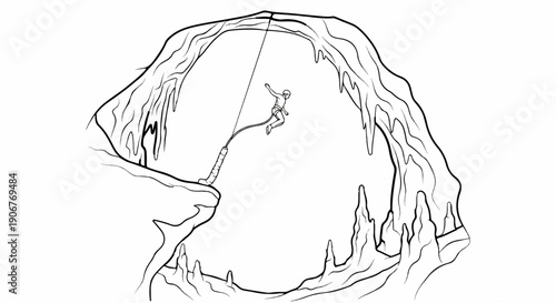 Adventurous person bungee jumping inside a cave with icicle formations