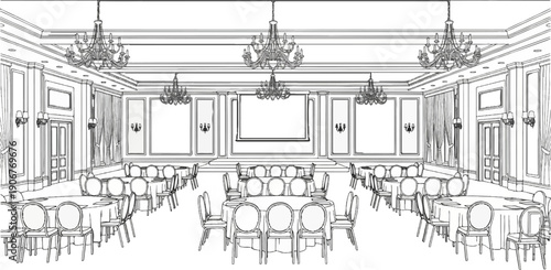 An elaborate drawing of a large banquet hall, set up for an event