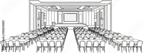 An empty conference hall with rows of tables and chairs facing a stage