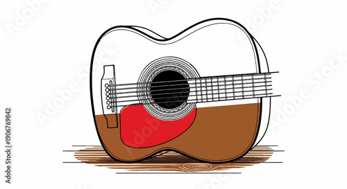 Acoustic guitar with a red pickguard and brown body on a wooden surface