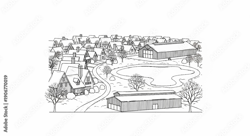 Obraz premium A village scene with many houses and trees, a winding path, and a pond