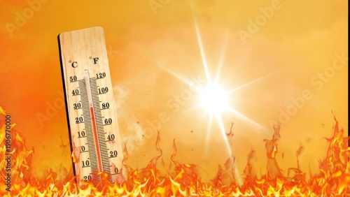 Fotografía A thermometer shows a high temperature in a city against a backdrop of shining sun